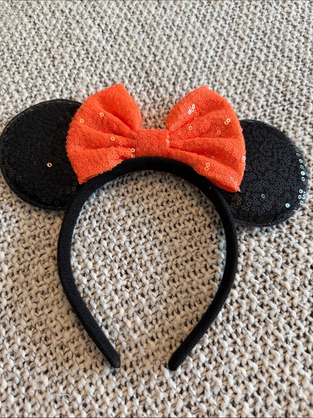 Sequin Minnie Ear Headband with Orange Bow